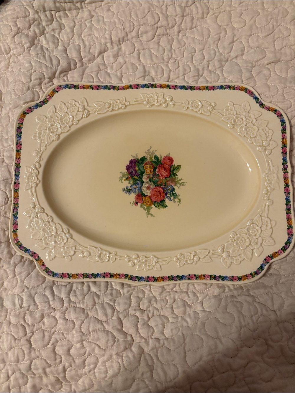 Antique Cream Floral Embossed Serving Platter- Gainesborough Pattern